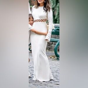 SHONA JOY CREAM ARIENZO ASSYMETRICAL LONG SLEEVE GOWN MAXI DRESS SIZE 4 SMALL